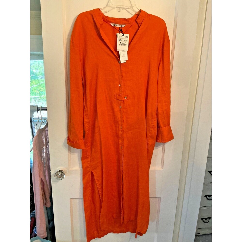 NWT Zara Linen Button Up Maxi Dress Womens XS Orange Coastal Beachy New England